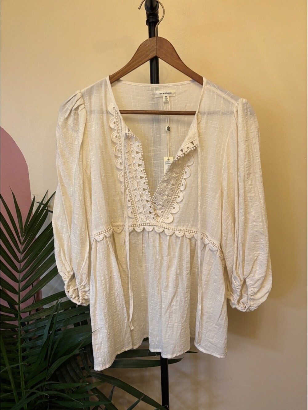 Max Studio Boho Pheasant Blouse Top Shirt Medium